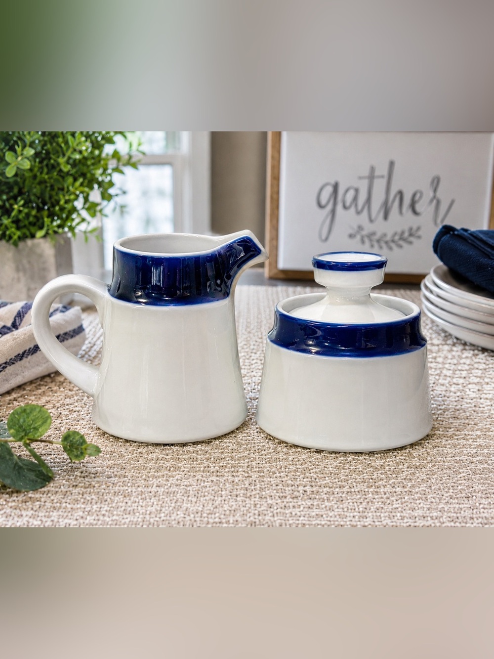 Noritake Stoneware Blue Horizon Creamer & Sugar Bowl Set Japan Vintage